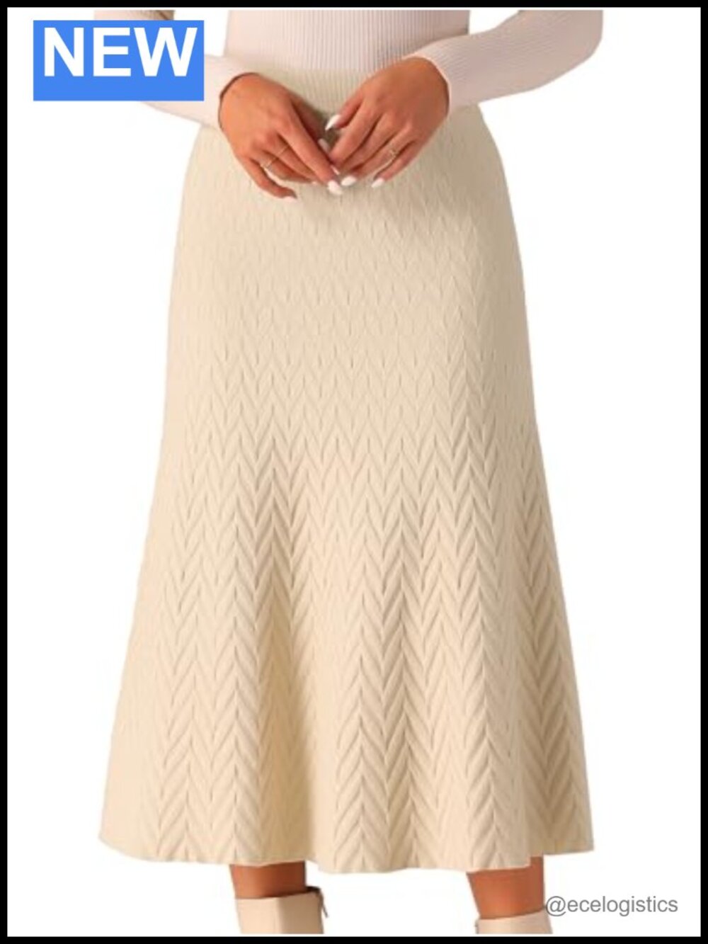 Ribbed Knit A-Line Midi Skirt High Waist Sweater Skirt Stretchy